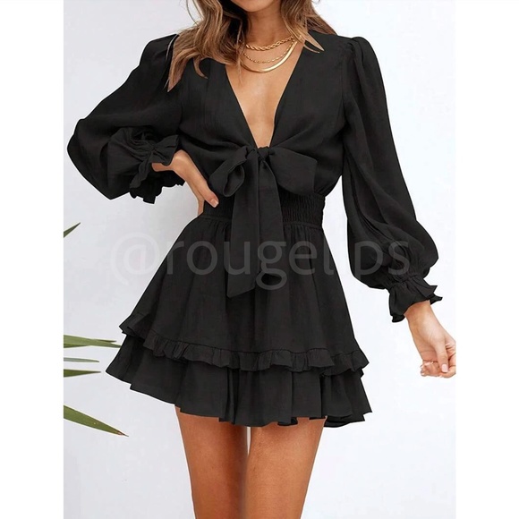 Black Boho Mini Dress Frill, Ruffle Hem Shirred Waist Fit & Flare - Picture 1 of 8